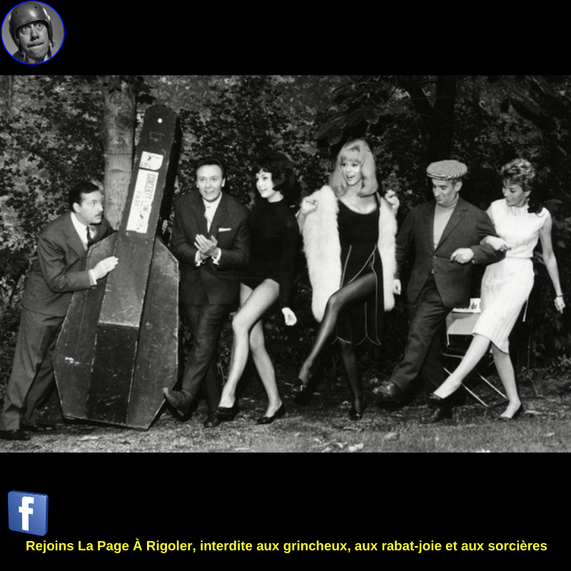 La troupe lors du tournage du film Des pissenlits par la racine entre autres Michel Serrault, Maurice Biraud, Mireille Darc et Louis de Funès (1964) 