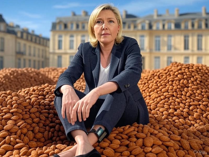 « Marine Lepen, devant l’élysée assise sur un tas de 2 millions d’amandes. Elle porte un bracelet électronique à sa cheville. »